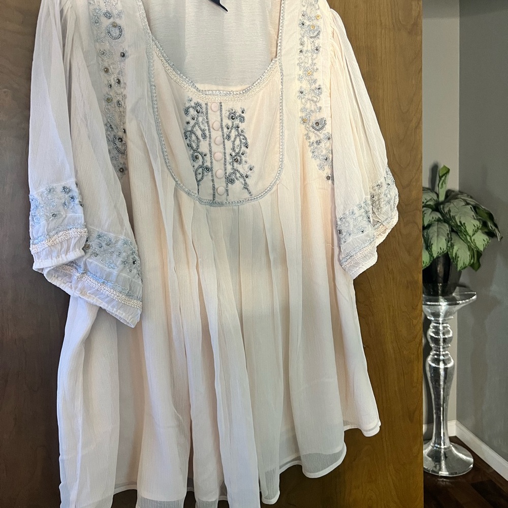 Denim 24/7 Cream Embellished Bib Collar Blouse